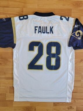 Vintage RBK St Louis Rams Marshall Faulk #28 White/Navy Football Jersey, Medium
